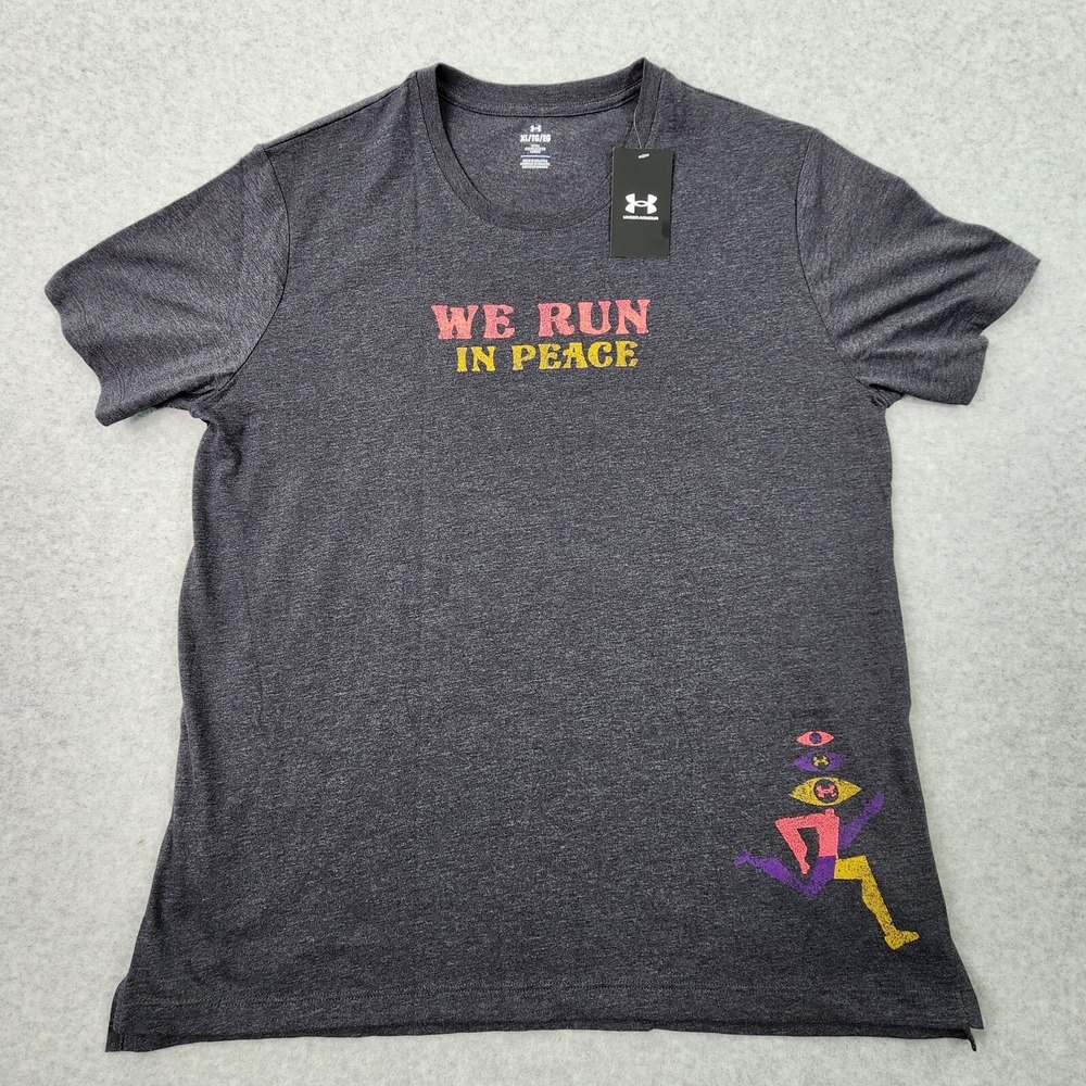 Under Armour Shirt Mens XL Run In Peace Abstract Art Running Grey Fitted T-Shirt